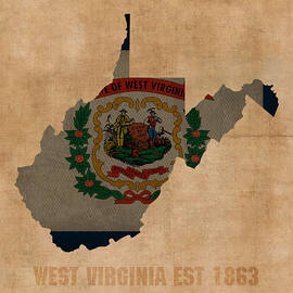 West Virginia State Flag Map Outline With Founding Date On Worn Parchment Background by Design Turnpike
