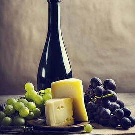 Wine bottle and cheese by Jelena Jovanovic