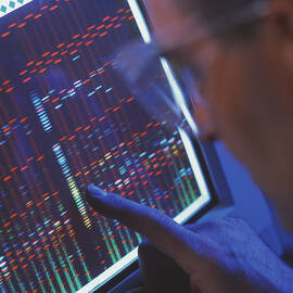 Technician Analyses A Gene Sequence On A Computer