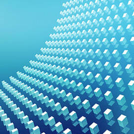 Blue Abstract Cubes In A Curve by Ralf Hiemisch