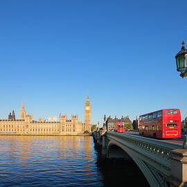 Houses Of Parliament, Buses On Westminster Bridge by Laurie Noble