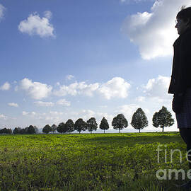 Landscape with row of trees and person by Matthias Hauser