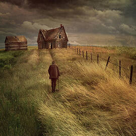 Old man walking up a path of tall grass with abandoned house in  by Sandra Cunningham