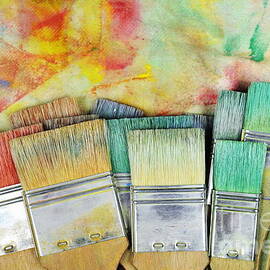 Stack of colorfull paintbrushes on palette by Sami Sarkis Photography