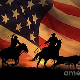American Cowboy, Team Ropers with American Flag by Stephanie Laird