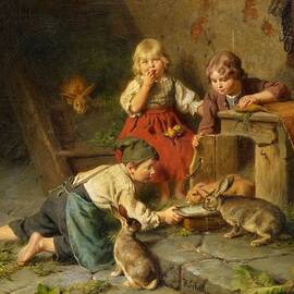 Three Children Feeding Rabbits by MotionAge Designs