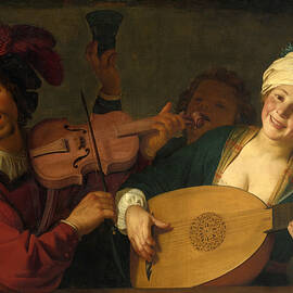 A Merry Group behind a Balustrade with a Violin and a Lute Player by Gerrit van Honthorst