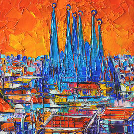 BARCELONA SUNSET SAGRADA FAMILIA abstract city palette knife oil painting by Ana Maria Edulescu by Ana Maria Edulescu