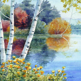 Birches at White Lake in Autumn by Janet Zeh