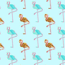 Blue and Golden Flamingo Pattern by Pati Photography