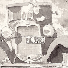 Boy And His Dog On An Old Car by Ken Powers