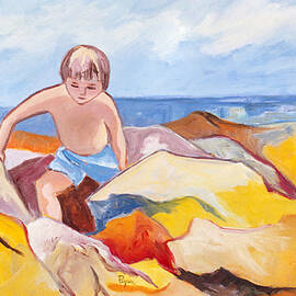 Boy Climbing Rocks at Seashore by Betty Pieper