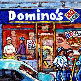 Domino's Pizza Montreal Storefront And Restaurant Painting Winter Hockey Scene Carole Spandau Art    by Carole Spandau
