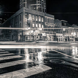 Driving Through the Nashville Night Skyline - Black and White by Gregory Ballos