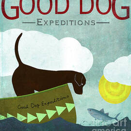 Good Dog Expeditions, dog on a lake meeting a fish by Tina Lavoie