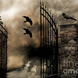 Gothic Surreal Fantasy Flying Ravens Gated Fence Dark Fantasy Gothic Gate Ravens Crows  by Kathy Fornal