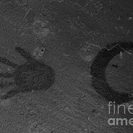 Hand And Moon Supernova Petroglyph Black And White by Adam Jewell