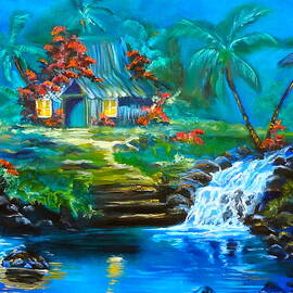 Hawaiian Hut and Waterfalls by Jenny Lee