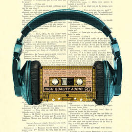 Blue headphone and yellow cassette collage print
