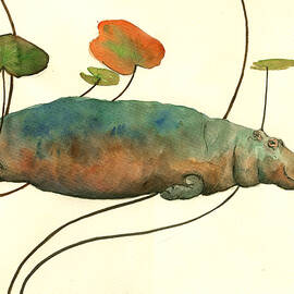 HIppo swimming with water lilies by Juan  Bosco
