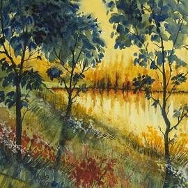 Golden Lake, Summer Watercolor by David K Myers