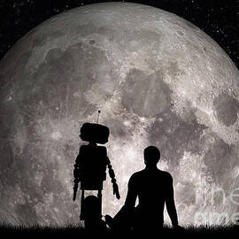 Man and his robot friend looking on moon. Future concept, artificial intelligence by Michal Bednarek