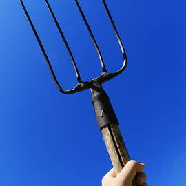 Man's hand holding up pitchfork against blue sky by Sami Sarkis Photography