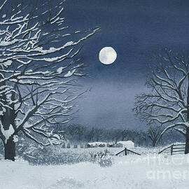 Moonlit Snowy Scene on the Farm by Conni Schaftenaar