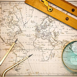 Old map and navigational objects. by Richard Thomas