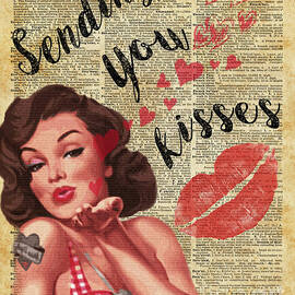 Pin-Up Girl Sending Kisses Vinatage Book Page Collage by Anna W