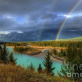 Rainbows on the Athabasca River Jasper National Park by Wayne Moran
