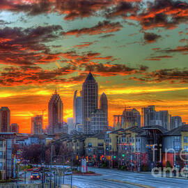 Atlanta GA Red Dawn Sunrise Midtown Atlanta Towering Over Atlantic Station Architectural Art by Reid Callaway