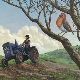 robin in field looking at farmer by Martin Davey