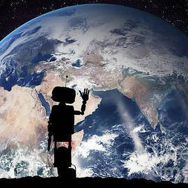 Robot looking on the planet Earth from space. Technology concept, artificial intelligence by Michal Bednarek