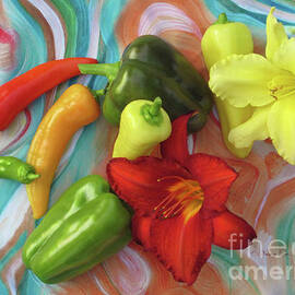 Salsa Peppers and Two Daylilies on Marbleized Silk
