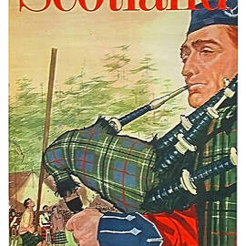 Scotland,traditional man playing bagpipes,travel poster by Long Shot