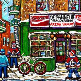 Snowfall Street Hockey Arena Bakery Montreal Memories Coca Cola Sign Original Winter Scene For Sale by Carole Spandau