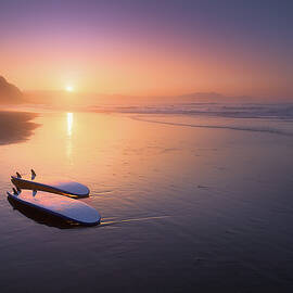 Sopelana beach with surfboards on the shore by Mikel Martinez de Osaba