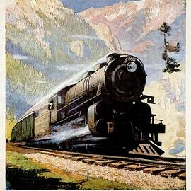 Steam Engine train through the Montana Rockies - Vintage Illustrated Poster by Studio Grafiikka