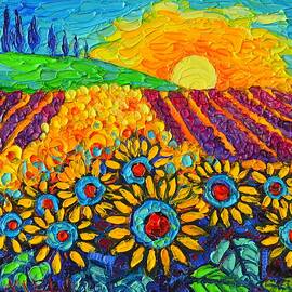 Sunflowers And Lavender At Sunrise Palette Knife Oil Painting By Ana Maria Edulescu by Ana Maria Edulescu