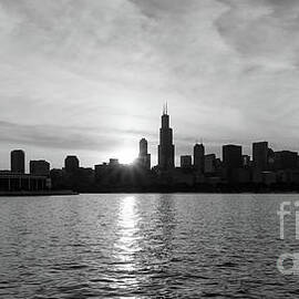 Sunset Over Chicago Pano Grayscale by Jennifer White