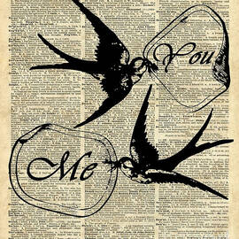 Swallows In Love,Flying birds Vintage Dictionary Art by Anna W