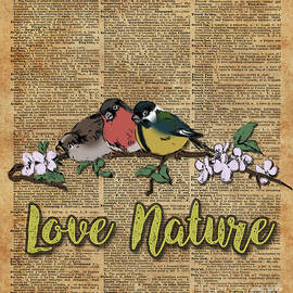Tit,Bullfinch and Sparrow on branch over Old Book Page  by Anna W