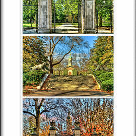 Triptych of Princetons front entrance summer and fall by Geraldine Scull