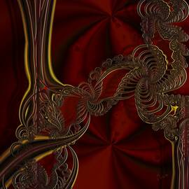 u049 Swirling Golden Wireworks Over Maroon Silky Linen by Drasko Regul