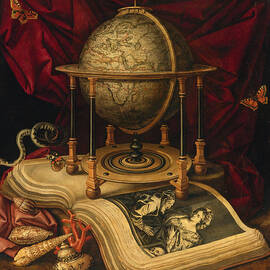 Vanitas Still Life with a Terrestrial Globe a Book Shells a Snake and Butterflies by Carstian Luyckx
