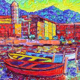 Vernazza Colorful Boats Cinque Terre Italy Impasto Textural Impressionist Palette Knife Oil Painting by Ana Maria Edulescu