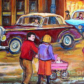 Vintage Classic 1946 Car Painting  Downtown Street Montreal Canadian Painting Carole Spandau         by Carole Spandau