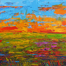 Wildflower Field at Sunset - Modern Impressionist oil palette knife painting by Patricia Awapara