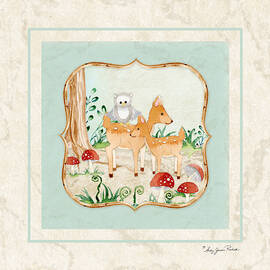 Woodland Fairy Tale - Owl on Deer Fawns Back in Forest by Audrey Jeanne Roberts